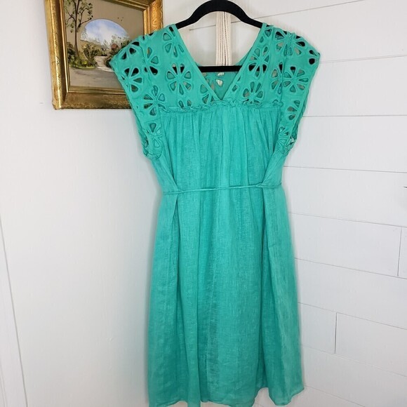 Maternal America Green Linen Cap Sleeve Crochet Eyelet Maternity Dress L - Picture 2 of 5